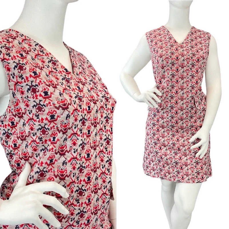 Savings Galore VTG 60s 70s CREAM RED BLUE GEOMETRIC MOD FLORAL LEAFY SLEEVELESS MOD DRESS 16