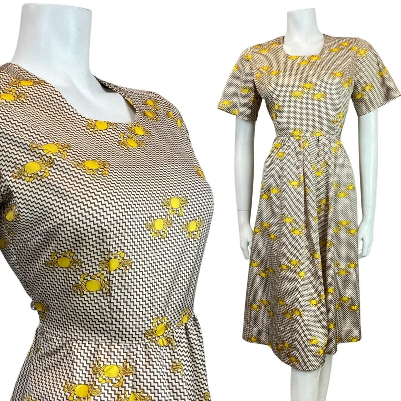 Unmissable Offer VINTAGE 60s STYLE 90s YELLOW BROWN WHITE ZIG-ZAG CRAB PSYCHEDELIC MOD DRESS 10 Unmissable Offer VINTAGE 60s STYLE 90s YELLOW BROWN WHITE ZIG-ZAG CRAB PSYCHEDELIC MOD DRESS 10