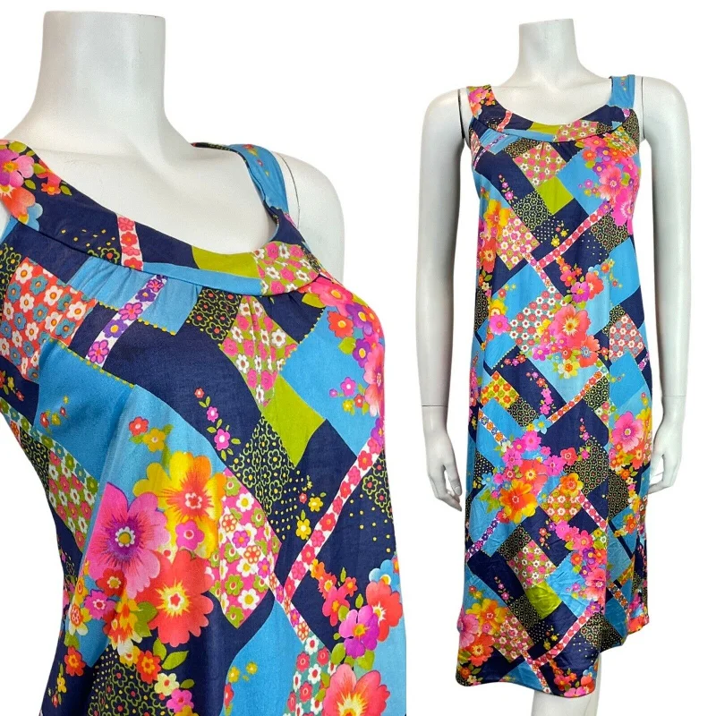 Discount Extravaganza VINTAGE 60s 70s BLUE PINK YELLOW PATCHWORK FLORAL MOD TENT A-LINE DRESS 16 18 Discount Extravaganza VINTAGE 60s 70s BLUE PINK YELLOW PATCHWORK FLORAL MOD TENT A-LINE DRESS 16 18