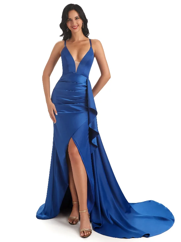 Price Buster Sexy Spaghetti Straps Soft Satin Side Slit Pleats Unique Mermaid Bridesmaid Dresses