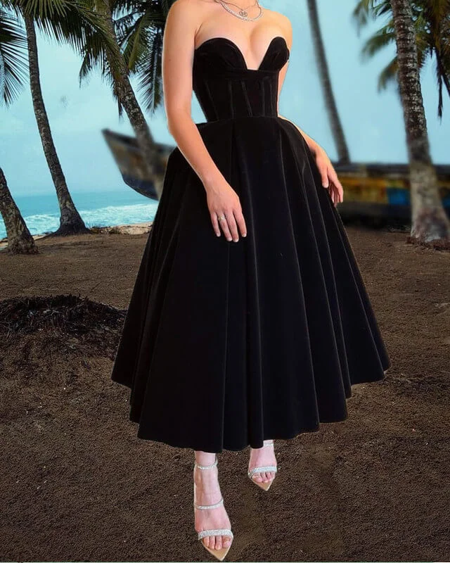 Markdowns Black Velvet Tea Length Strapless Corset Dress