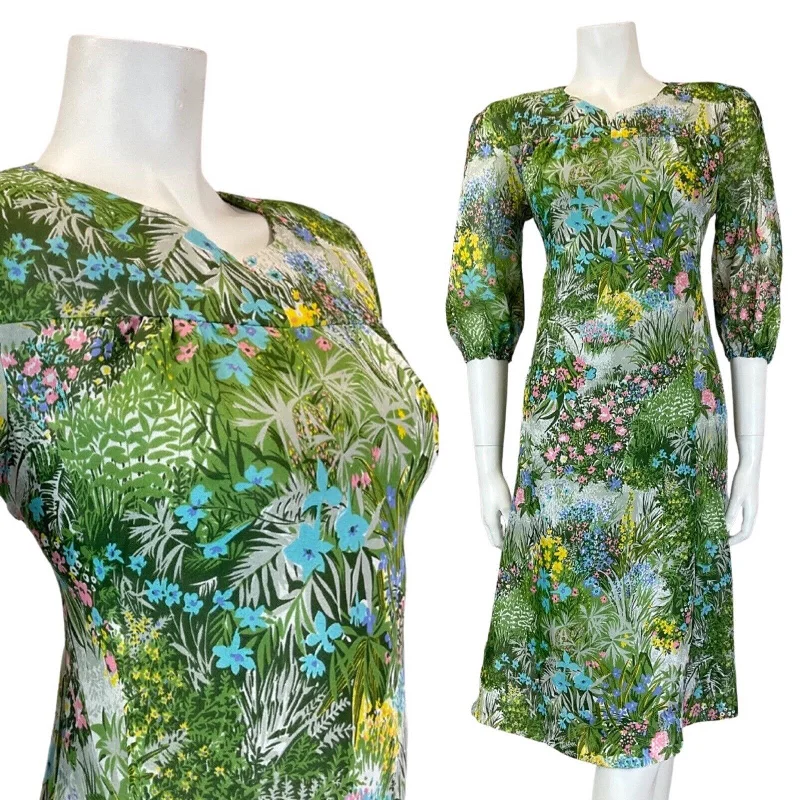 Clearance Sale VINTAGE 60s 70s GREEN PINK BLUE GARDEN FLORAL GRASS SHEER FLOATY DRESS 12 14 Clearance Sale VINTAGE 60s 70s GREEN PINK BLUE GARDEN FLORAL GRASS SHEER FLOATY DRESS 12 14