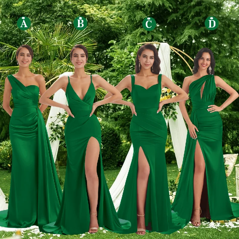Customer Appreciation Sale Mismatched Green Sexy Side Slit Mermaid Soft Satin Long Bridesmaid Dresses Online