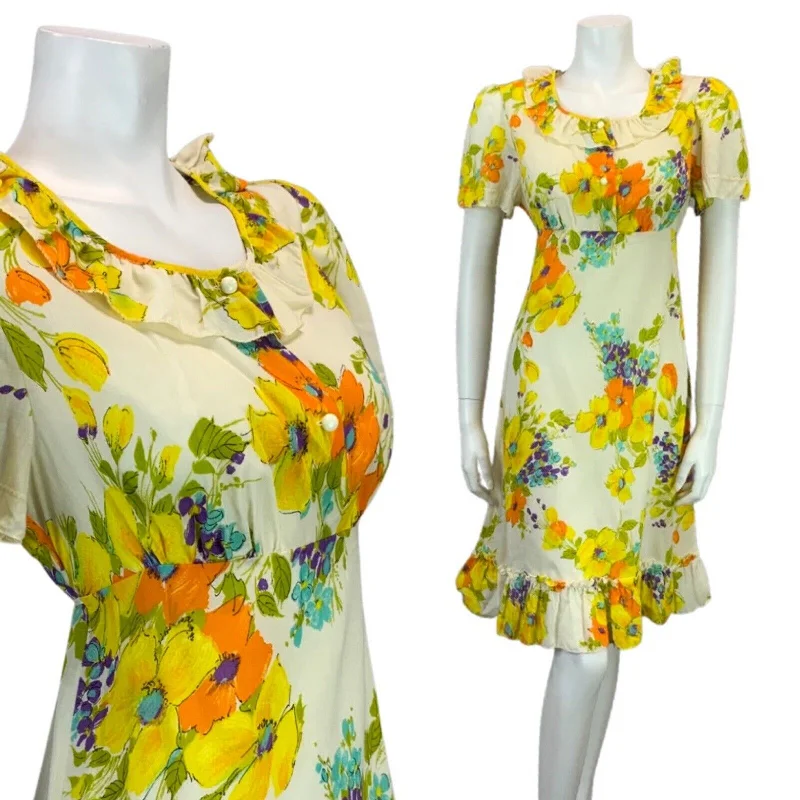 Grand Opening Sale VINTAGE 60s 70s YELLOW ORANGE PURPLE BLUE FLORAL PRINT RUFFLE SUMMER DRESS 12 14