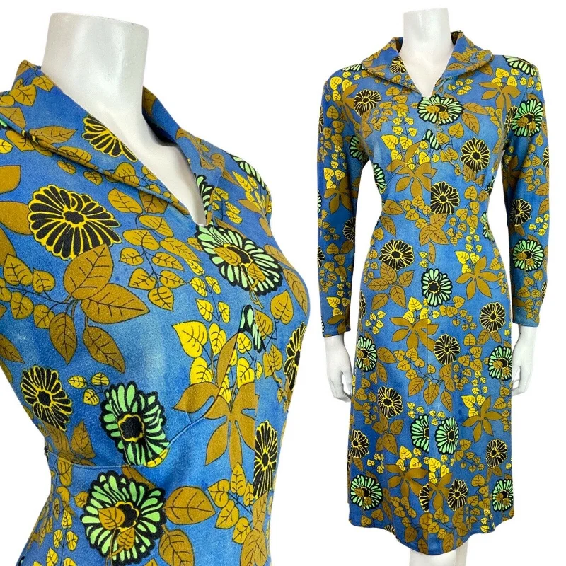 Deal of the Day VINTAGE 60s 70s BLUE GOLD GREEN FLORAL LEAFY MOD DRESS 16