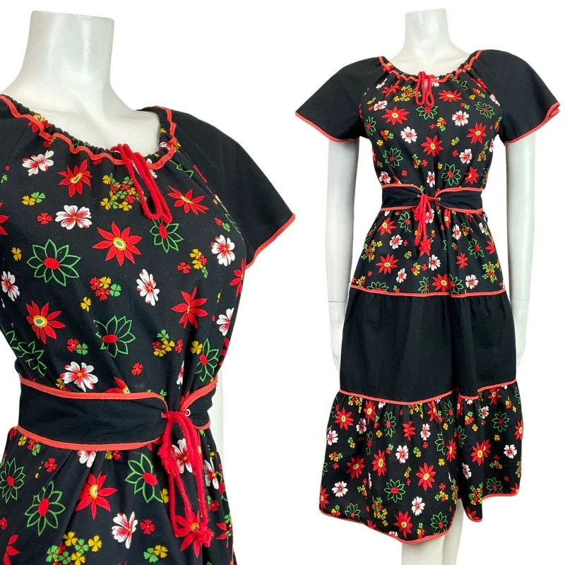 Price Drop VINTAGE 60s 70s BLACK RED GREEN FLORAL PRAIRIE BOHO TIERED BELTED DRESS 8 Price Drop VINTAGE 60s 70s BLACK RED GREEN FLORAL PRAIRIE BOHO TIERED BELTED DRESS 8