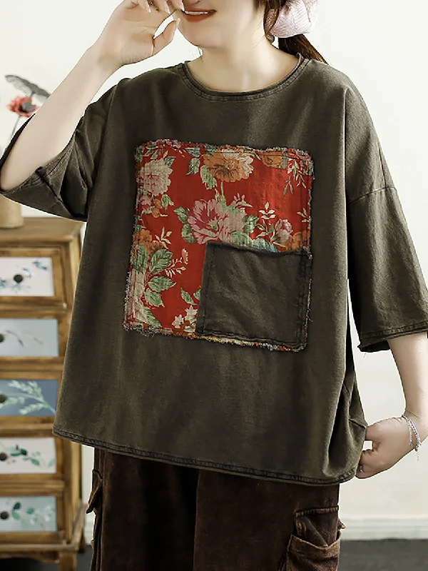 Big Discounts Women Summer Vintage Floral Spliced Cotton Shirt TY1042