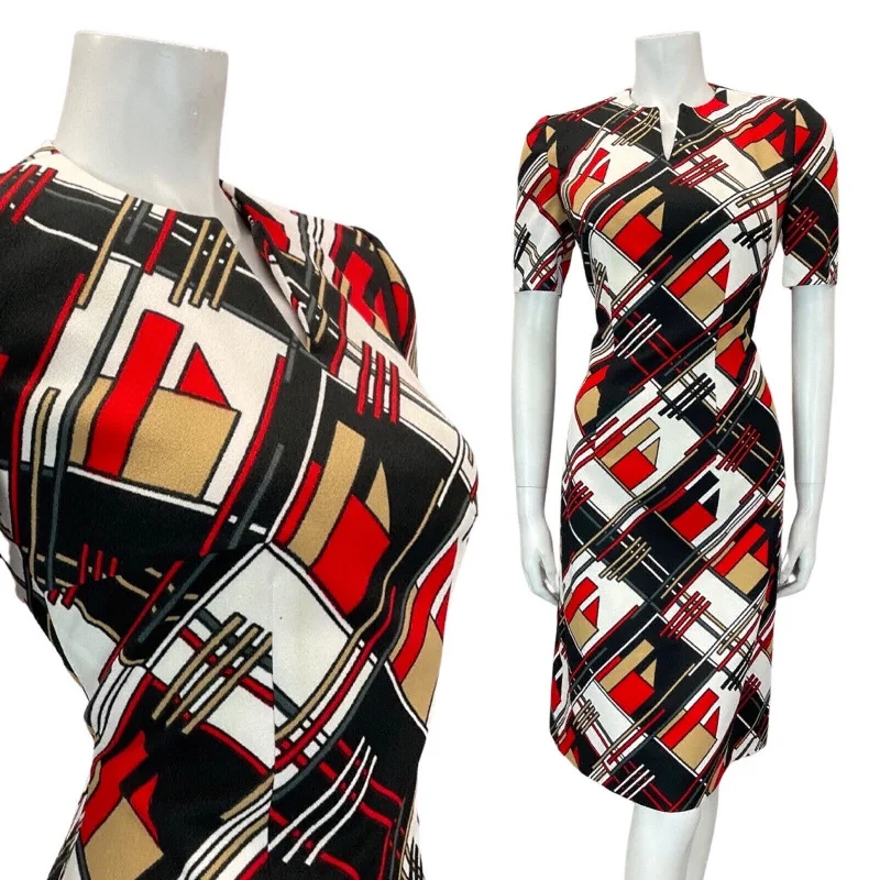 Closeout VINTAGE 60s 70s BLACK WHITE RED GEOMETRIC CHECKED MOD FIT & FLARE DRESS 10 12 Closeout VINTAGE 60s 70s BLACK WHITE RED GEOMETRIC CHECKED MOD FIT & FLARE DRESS 10 12