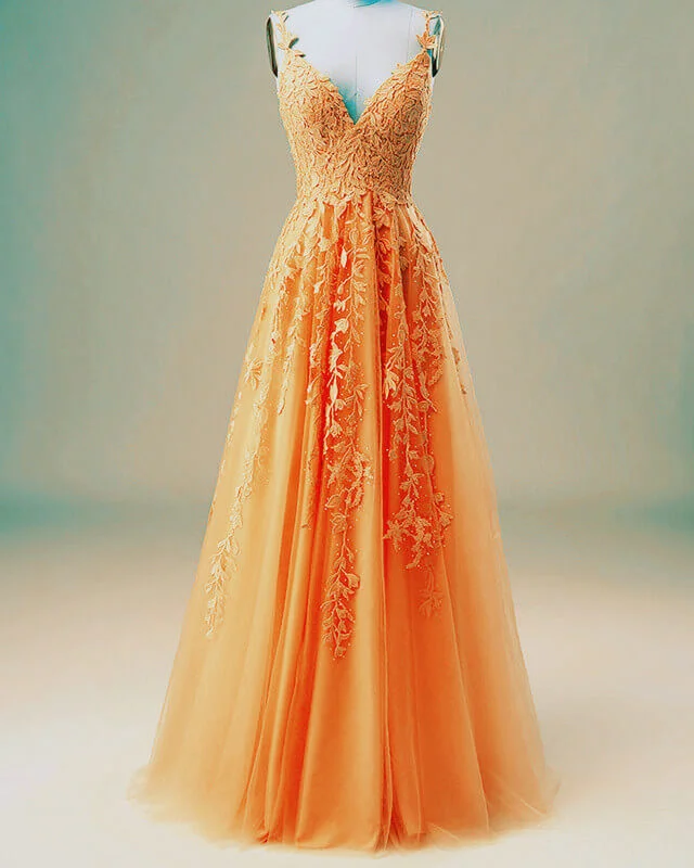 Online Specials Elegant A-line Prom Dresses V Neck Lace Embroidery