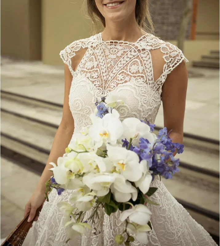 Don’t Miss Out Gemy Maalouf Giupure Lace- Scalloped Neckline And Cap Sleeves Gown