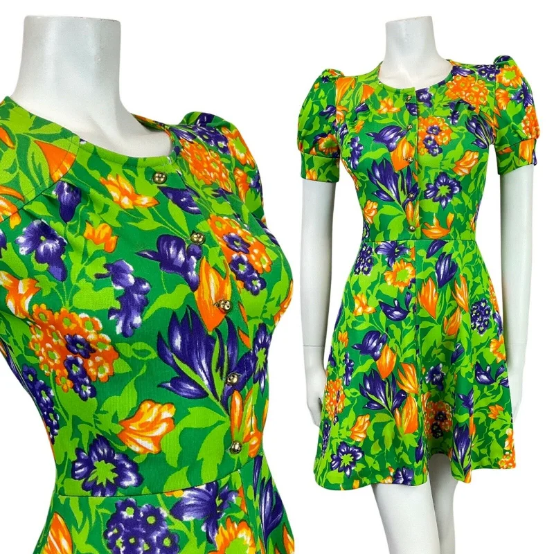 Epic Deals VINTAGE 60s 70s GREEN PURPLE ORANGE FLORAL LEAFY PUFF SLEEVE MOD SUMMER DRESS 8 Epic Deals VINTAGE 60s 70s GREEN PURPLE ORANGE FLORAL LEAFY PUFF SLEEVE MOD SUMMER DRESS 8