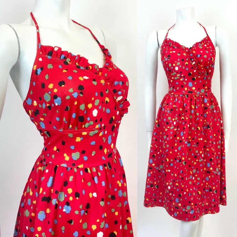 Special Offer VTG 70s RED BLACK GREEN BLUE SPECKLED DOTTY HALTER SUMMER SUN DRESS 12 14