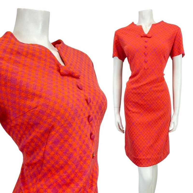 Stock Up and Save VINTAGE 60s 70s BRIGHT ORANGE PURPLE GINGHAM CHECK BOW MOD MINI DRESS 12 14