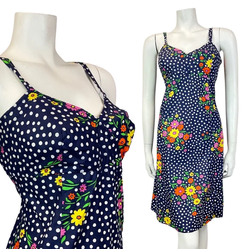 Seasonal Clearance VINTAGE 60s 70s BLUE WHITE RED YELLOW POLKA-DOT DAISY FLORAL SUMMER SUN DRESS 10 Seasonal Clearance VINTAGE 60s 70s BLUE WHITE RED YELLOW POLKA-DOT DAISY FLORAL SUMMER SUN DRESS 10