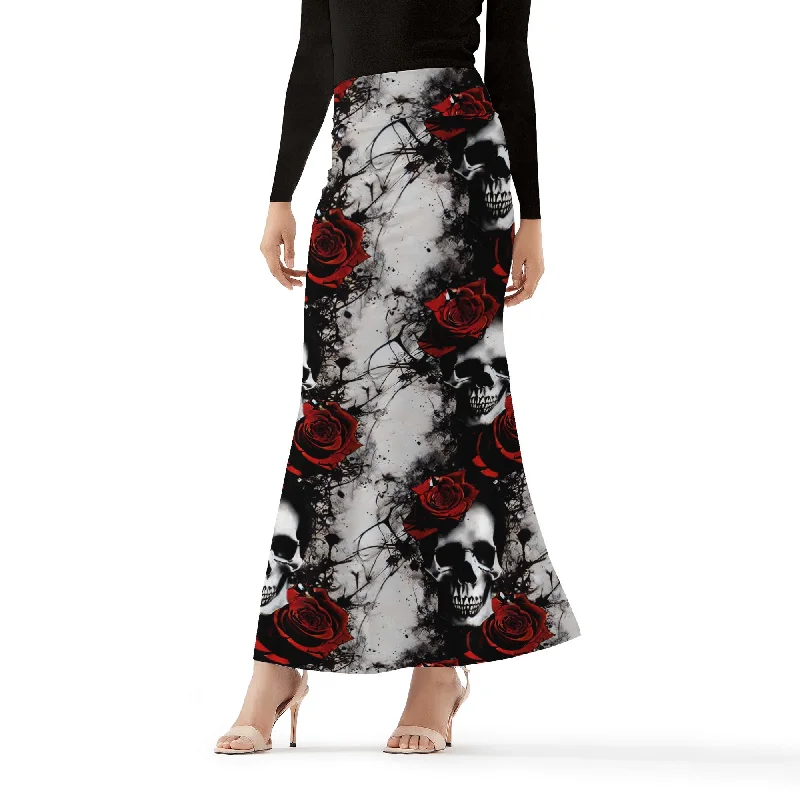 Instant Savings Gothic Skull And Rose Splatter Full Length Skirt