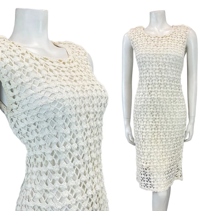 Steals and Deals VINTAGE 60s 70s WHITE CROCHET KNITTED SLEEVELESS MOD SUMMER DRESS 10 12