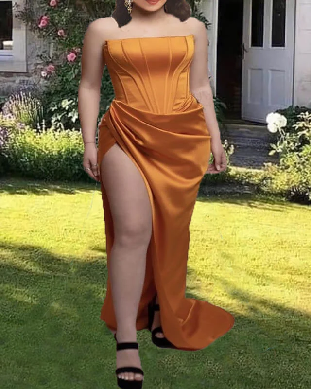 Buy Now Plus Size Burnt Orange Satin Slit Dress