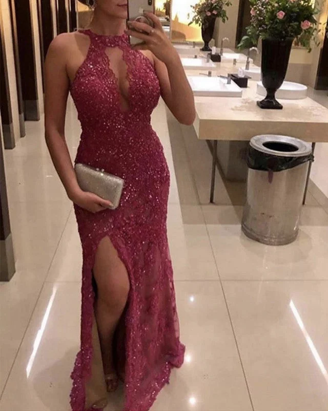 Epic Deals Halter Mermaid Lace Prom Dresses Leg Split