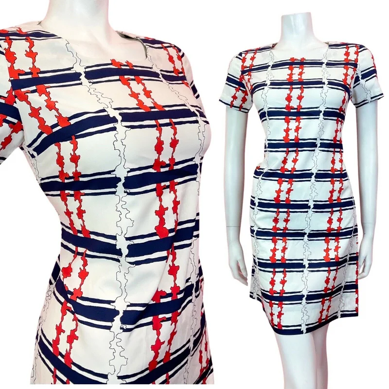 Mega Sale VINTAGE 60s 70s WHITE RED BLUE STRIPED MOD SCOOTER SHIFT MINI DRESS 8 10