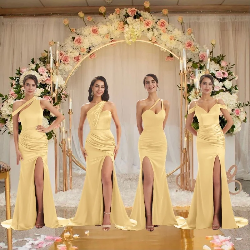 Best Seller Sexy Chic Silky Mismatched Gold Soft Satin Mermaid Long Bridesmaid Dresses Online