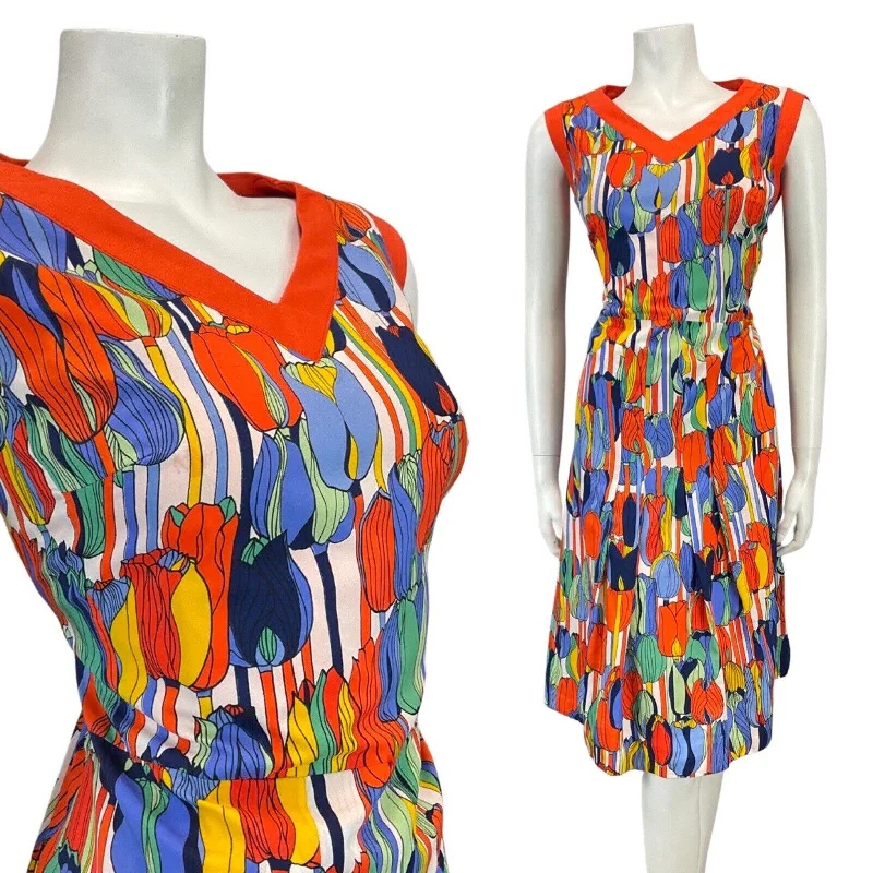 Blowout Deals VINTAGE 60s 70s ORANGE BLUE GREEN TULIP FLOWER MOD SLEEVELESS DRESS 12