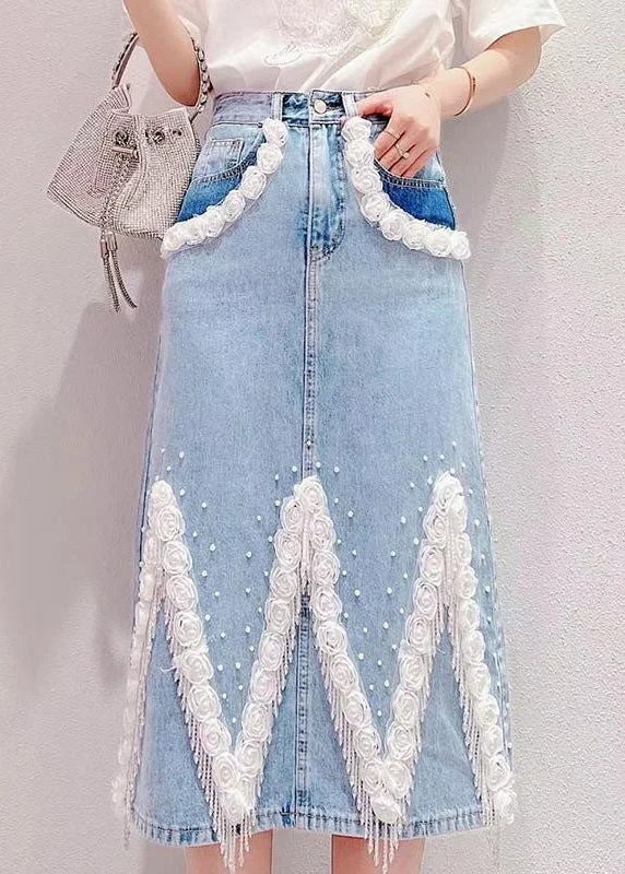 Exclusive Offers Boho Light Blue Tassel Patchwork High Waist Deninm Skirt Summer TY1081
