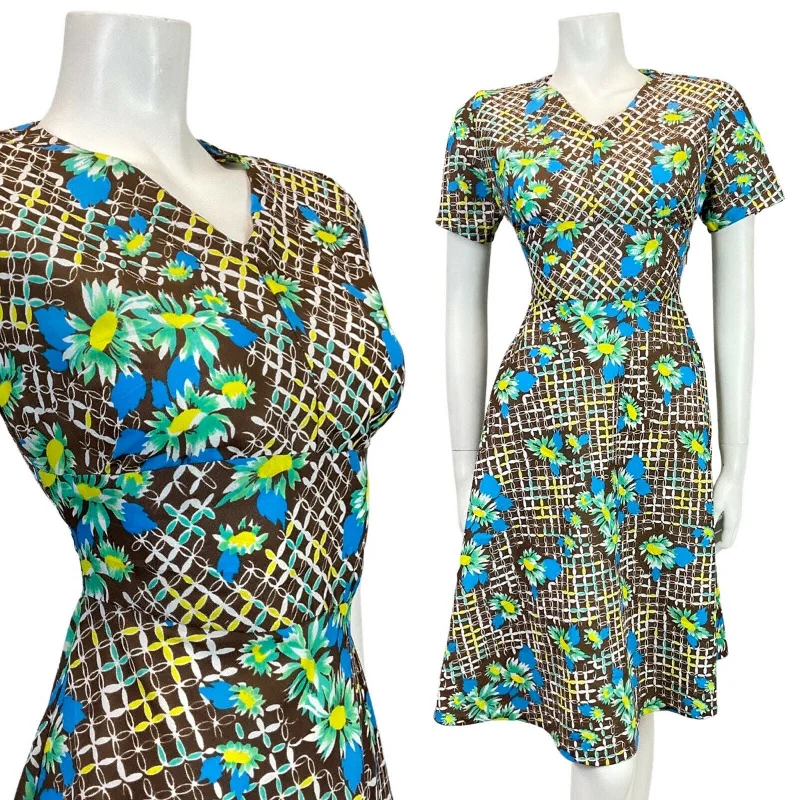 Price Break VINTAGE 60s 70s BROWN BLUE WHITE GRID CHECKED FLORAL MOD SWING DRESS 10 12 Price Break VINTAGE 60s 70s BROWN BLUE WHITE GRID CHECKED FLORAL MOD SWING DRESS 10 12