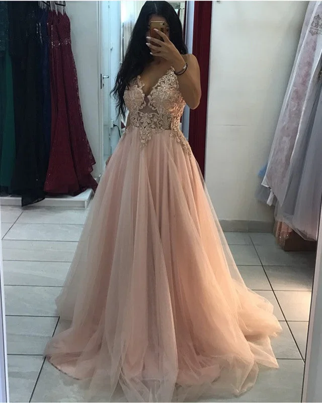 Online Exclusive A Line Prom Dresses Lace Embroidery V Neck