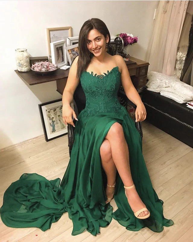Take Advantage Strapless Lace Appliques Split Bridesmaid Dresses Chiffon Long