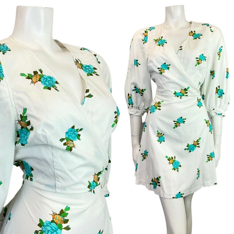 Customer Appreciation Sale VINTAGE 60s 70s WHITE BLUE GOLD ROSE BEETLE WRAP PUFF SLEEVE MOD SWING DRESS 10 Customer Appreciation Sale VINTAGE 60s 70s WHITE BLUE GOLD ROSE BEETLE WRAP PUFF SLEEVE MOD SWING DRESS 10