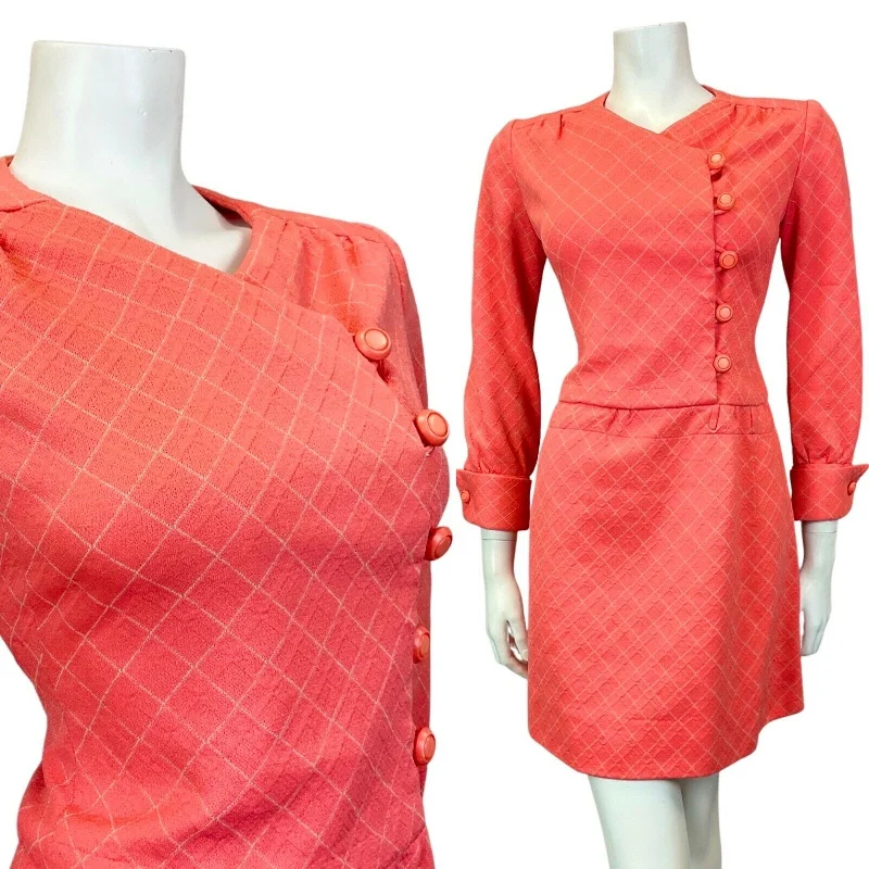 Price Reduction VINTAGE 60s 70s SALMON PINK WHITE GRID CHECKED MOD SCOOTER SHIFT DRESS 8