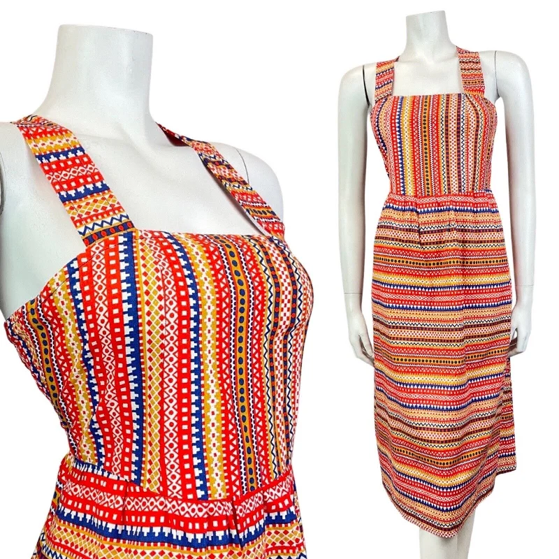 Hurry In VINTAGE 60s 70s RED BLUE GOLD STRIPED GEOMETRIC DOTTY APRON SUMMER DRESS 6