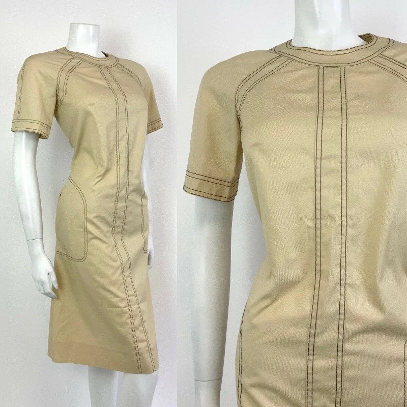 Special Price VINTAGE 60s 70s CREAM BEIGE BROWN MOD MIDI DRESS 10 12