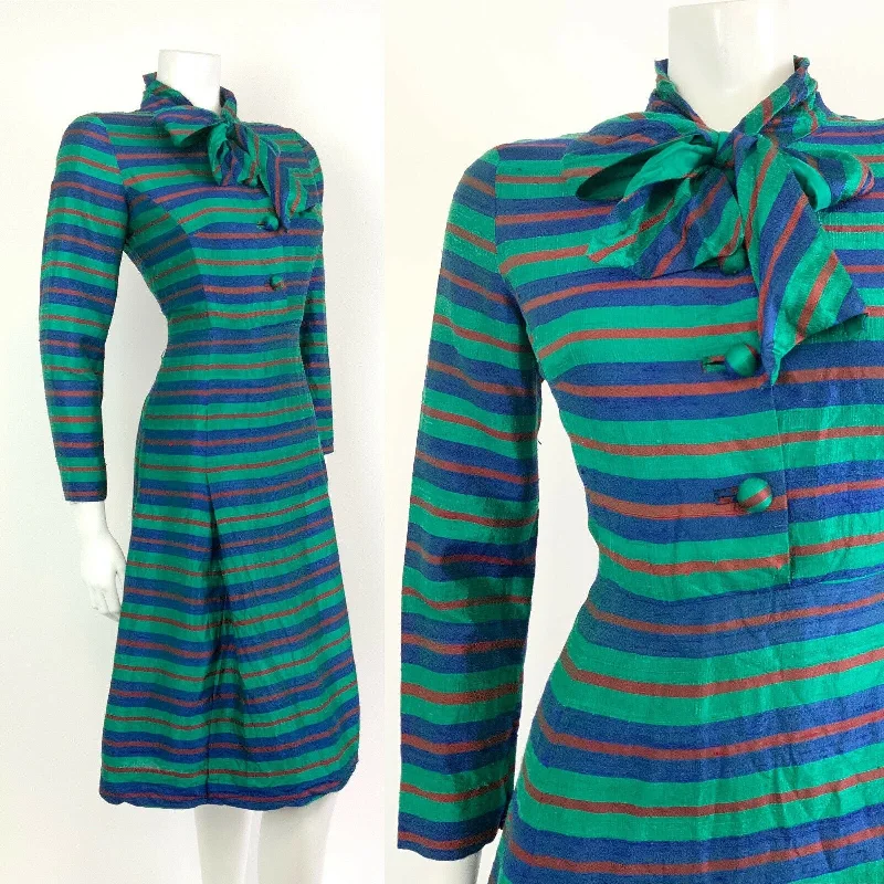Online Only VINTAGE 60s 70s GREEN BLUE RED STRIPED METALLIC PUSSYBOW MOD SILK DRESS 10 12 Online Only VINTAGE 60s 70s GREEN BLUE RED STRIPED METALLIC PUSSYBOW MOD SILK DRESS 10 12