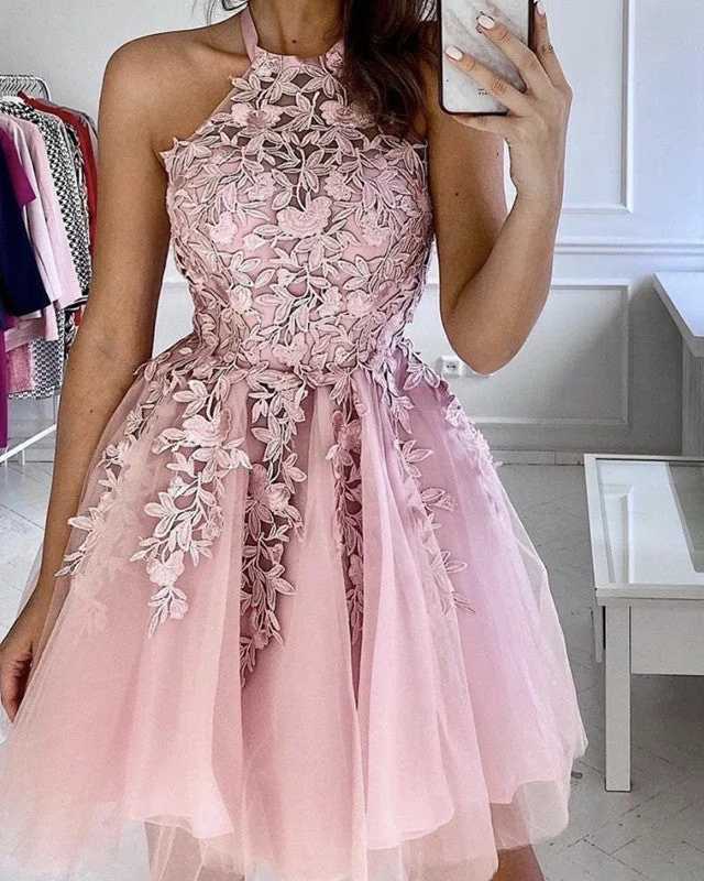 Discount Deals Short Tulle Prom Dresses Appliques Halter