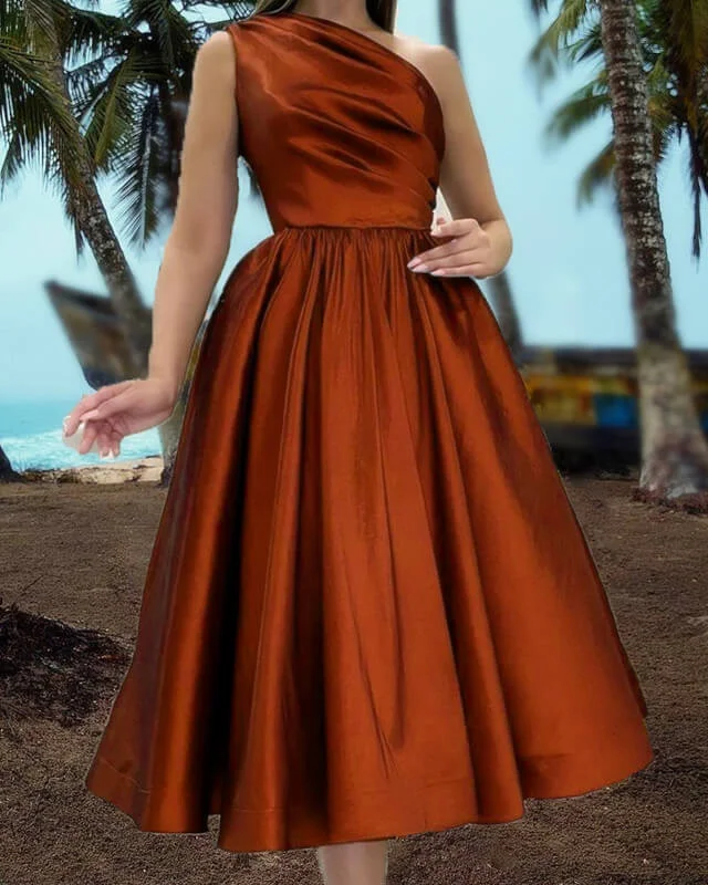 Epic Deals Burnt Orange One Shoulder Tea Length Satin Dress