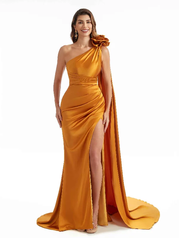 Can't Miss Sexy Side Split One Shoulder Mermaid Long Bridesmaid Dresses In Satin