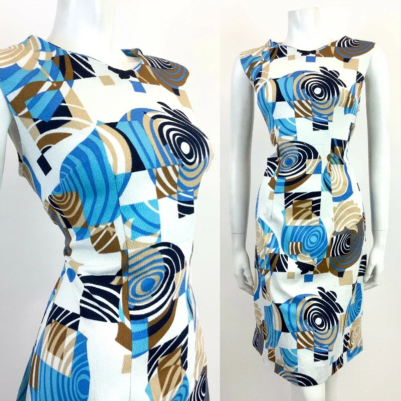 Year-End Sale VTG 60s 70s WHITE BLUE BROWN GEOMETRIC PSYCHEDELIC SWIRL MOD SLEEVELESS DRESS 16