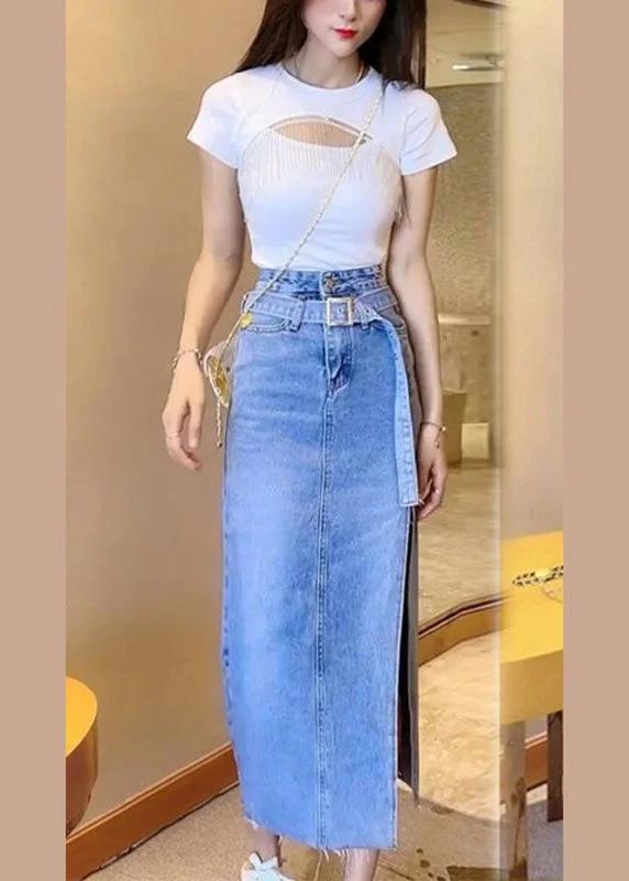 Huge Savings Casual Blue Patchwork Sashes Side Open Denim Maxi Skirt TY1082