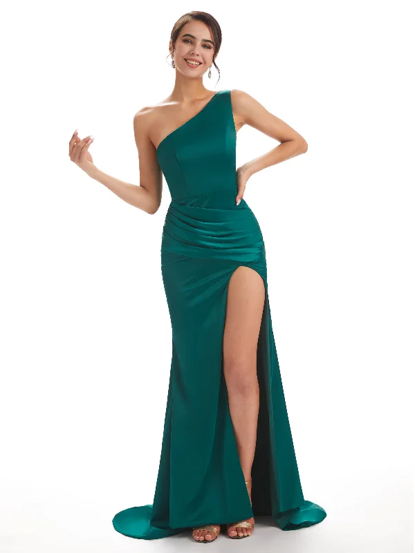 Best Bargains Sexy Soft Satin Side Slit One Shoulder Long Mermaid Bridesmaid Dresses Online Best Bargains Sexy Soft Satin Side Slit One Shoulder Long Mermaid Bridesmaid Dresses Online