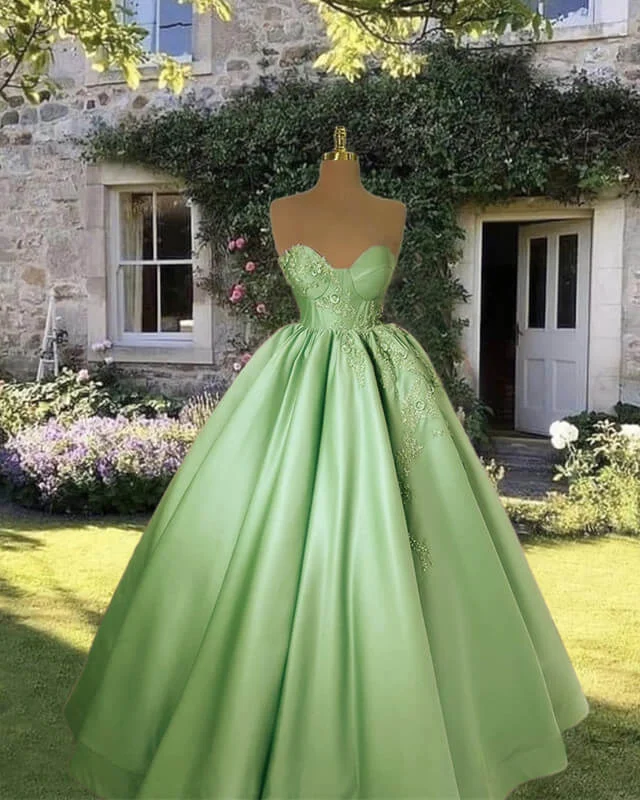Huge Savings Strapless Ball Gown Satin Dress With 3D Flowers.