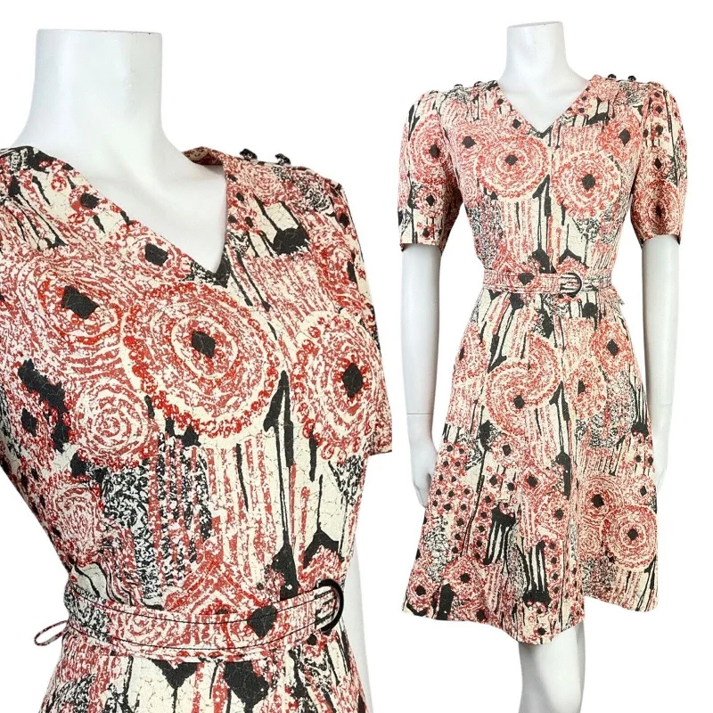 Steals and Deals VINTAGE 60s 70s CREAM BLACK RED PSYCHEDELIC SWIRL BELTED SWING DRESS 12 14 Steals and Deals VINTAGE 60s 70s CREAM BLACK RED PSYCHEDELIC SWIRL BELTED SWING DRESS 12 14