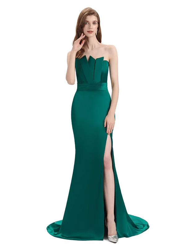 Limited Time Elegant Soft Satin Strapless Split Side Floor-Length Mermaid Bridesmaid Dresses