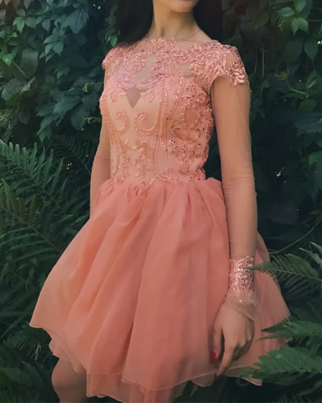 Lowest Prices Sheer Long Sleeves Appliques Tulle Party Dress