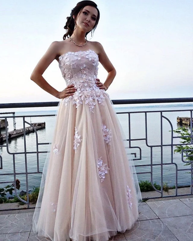 New Deals Strapless Corset Tulle Prom Dresses Lace Flowers