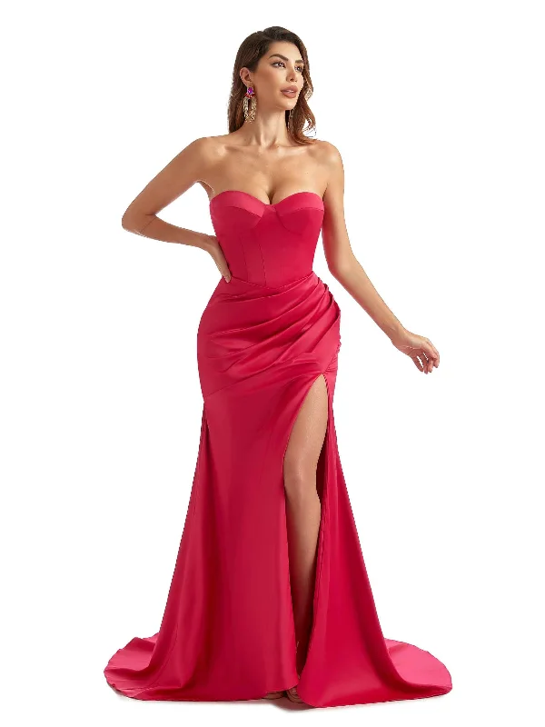 Year-End Sale Sexy Side Split Sweetheart Mermaid Satin Trendy Long Bridesmaid Dresses Online