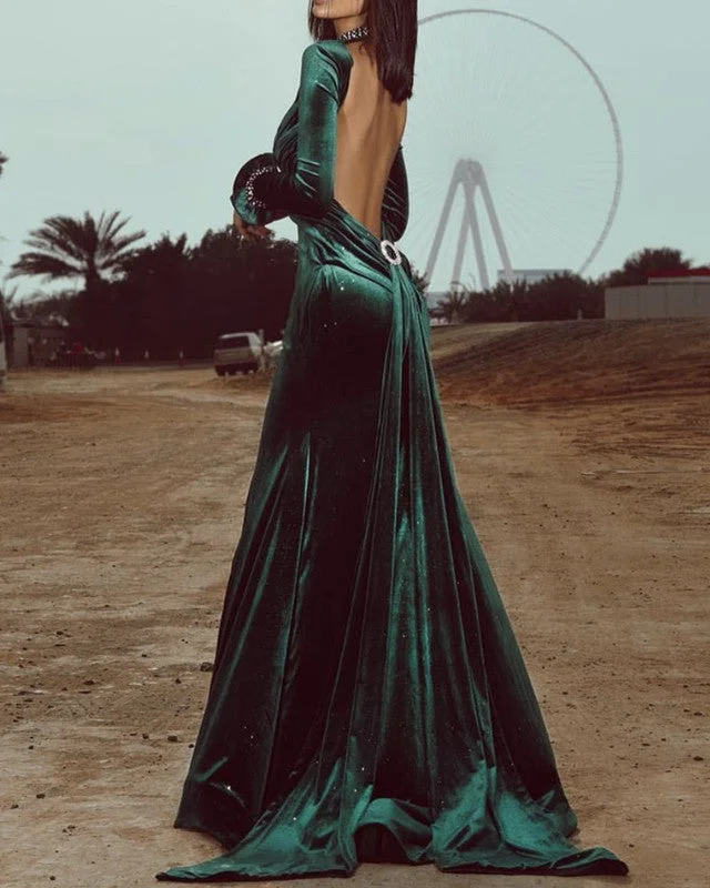 Unmissable Offer Mermaid Backless Velvet Evening Dress Long Sleeves
