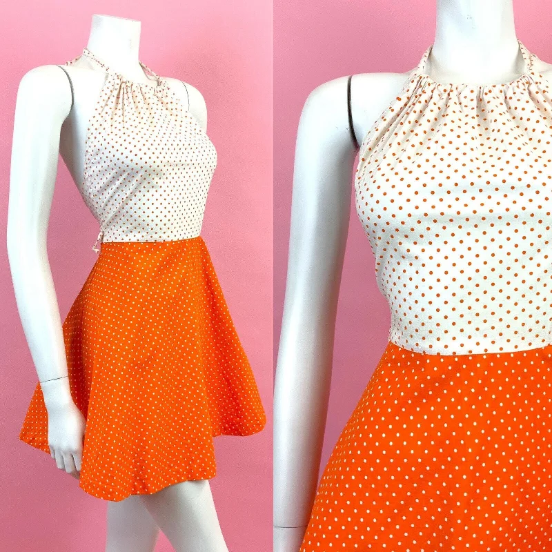 Final Clearance VINTAGE 60s 70s WHITE ORANGE POLKA-DOT MOD HALTER MINI SUMMER DRESS 6 8 Final Clearance VINTAGE 60s 70s WHITE ORANGE POLKA-DOT MOD HALTER MINI SUMMER DRESS 6 8