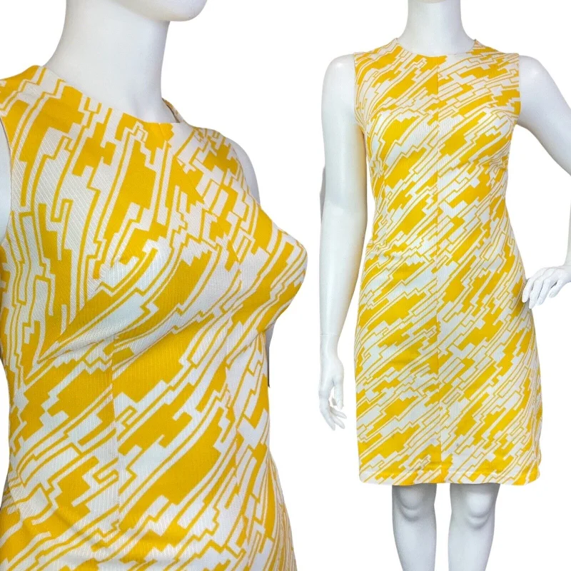 Bonus Savings VINTAGE 60s 70s YELLOW WHITE GEOMETRIC MOD SLEEVELESS SHIFT DRESS 16