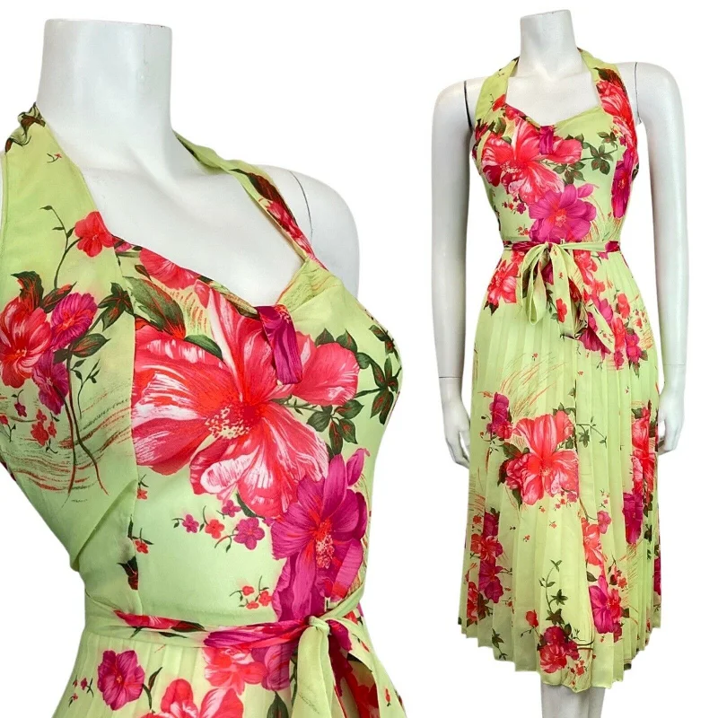 Flash Sale VINTAGE 60s 70s GREEN RED PINK FLORAL SHEER PLEATED SUMMER HALTER DRESS 8 10 Flash Sale VINTAGE 60s 70s GREEN RED PINK FLORAL SHEER PLEATED SUMMER HALTER DRESS 8 10